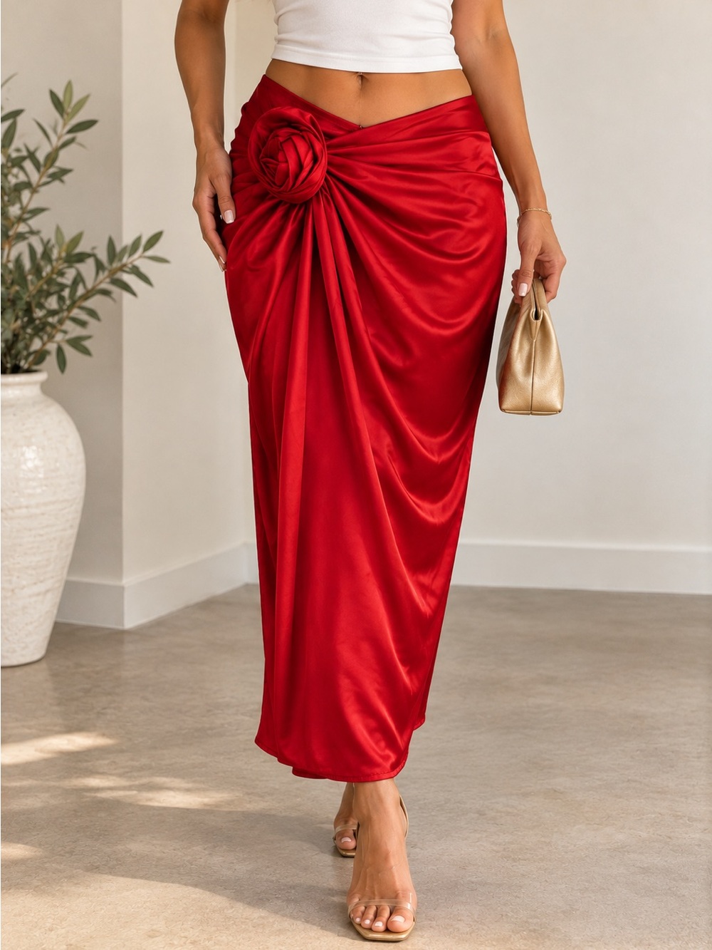 VICI Red Satin Rosette Low Rise Maxi Skirt Y2K Size Medium